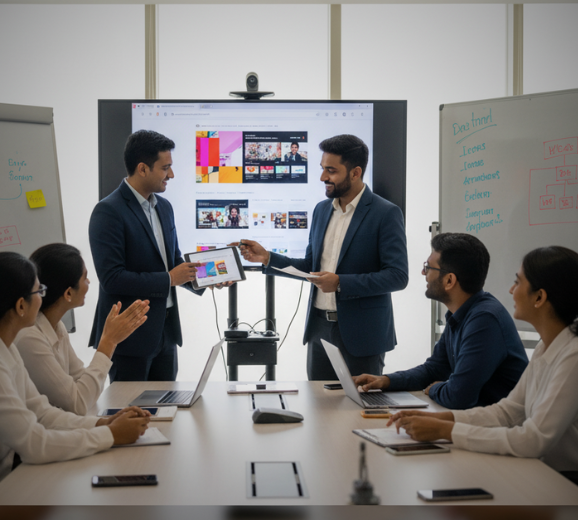 Our Hyderabad web design team collaborating on client projects in modern office